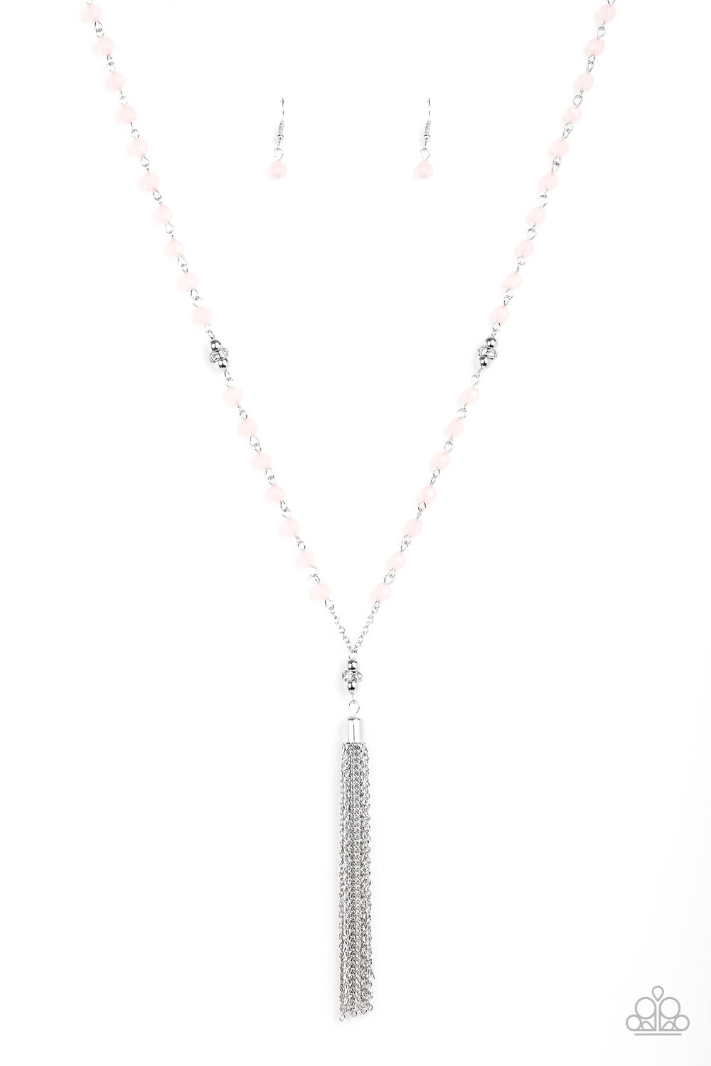 Pink opaque crystal-like beads, shiny silver beads, and white rhinestone encrusted rings give way to a shimmery silver tassel for a whimsical look. Features an adjustable clasp closure.