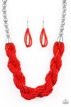 Load image into Gallery viewer, Glistening silver beads give way to strands of twisting red seed beads below the collar for a summery flair. Features an adjustable clasp closure.  Sold as one individual necklace. Includes one pair of matching earrings.
