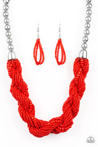 Glistening silver beads give way to strands of twisting red seed beads below the collar for a summery flair. Features an adjustable clasp closure.  Sold as one individual necklace. Includes one pair of matching earrings.