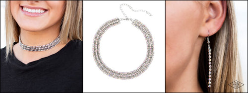 Featuring sleek square fittings, strands of glittery ethereal iridescence rhinestones connect with rows of silver box chain around the neck for a glittery twist. Features an adjustable clasp closure.  Sold as one individual choker necklace. Includes one pair of matching earrings.