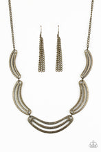 Load image into Gallery viewer, Hammered in an antiqued shimmer, airy half-moon shaped brass frames link below the collar in a bold, statement-making fashion. Features an adjustable clasp closure
