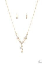 Load image into Gallery viewer, Encased in sleek gold frames, a collection of glittery white rhinestones coalesce into dazzling frames below the collar. Matching rhinestones trickle from the center, creating a glamorous extended pendant. Features an adjustable clasp closure.
