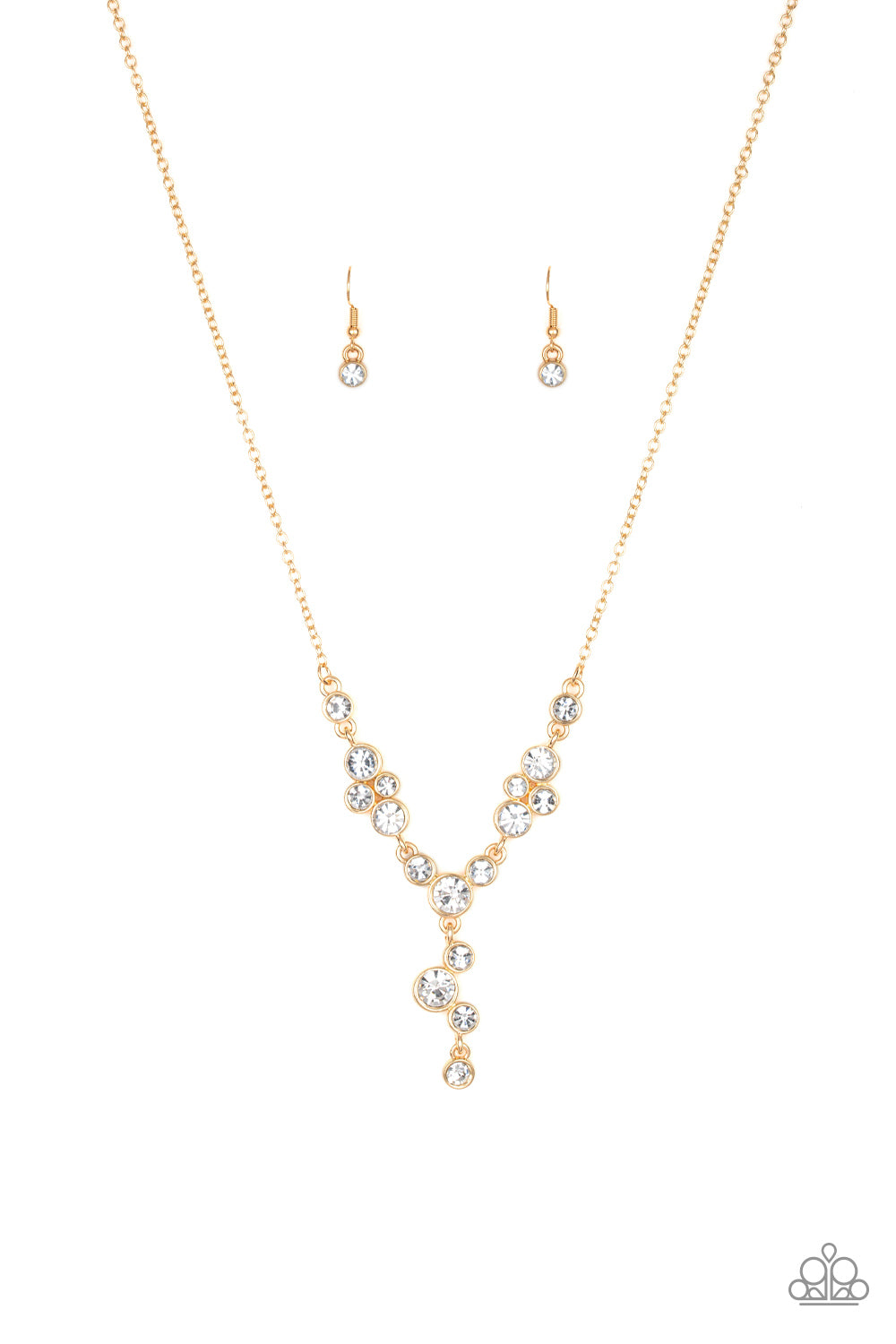 Encased in sleek gold frames, a collection of glittery white rhinestones coalesce into dazzling frames below the collar. Matching rhinestones trickle from the center, creating a glamorous extended pendant. Features an adjustable clasp closure.