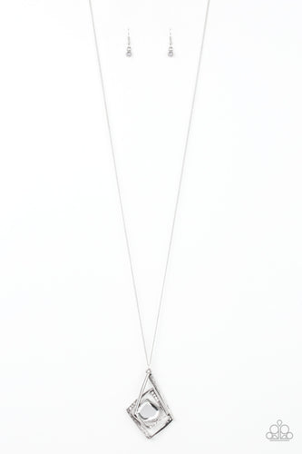 Dotted with glassy white rhinestones, antiqued silver bars twist and coil around a pentagonal white gem. The abstract pendant swings from the bottom of a lengthened silver chain for a modern look. Features an adjustable clasp closure