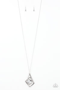 Dotted with glassy white rhinestones, antiqued silver bars twist and coil around a pentagonal white gem. The abstract pendant swings from the bottom of a lengthened silver chain for a modern look. Features an adjustable clasp closure