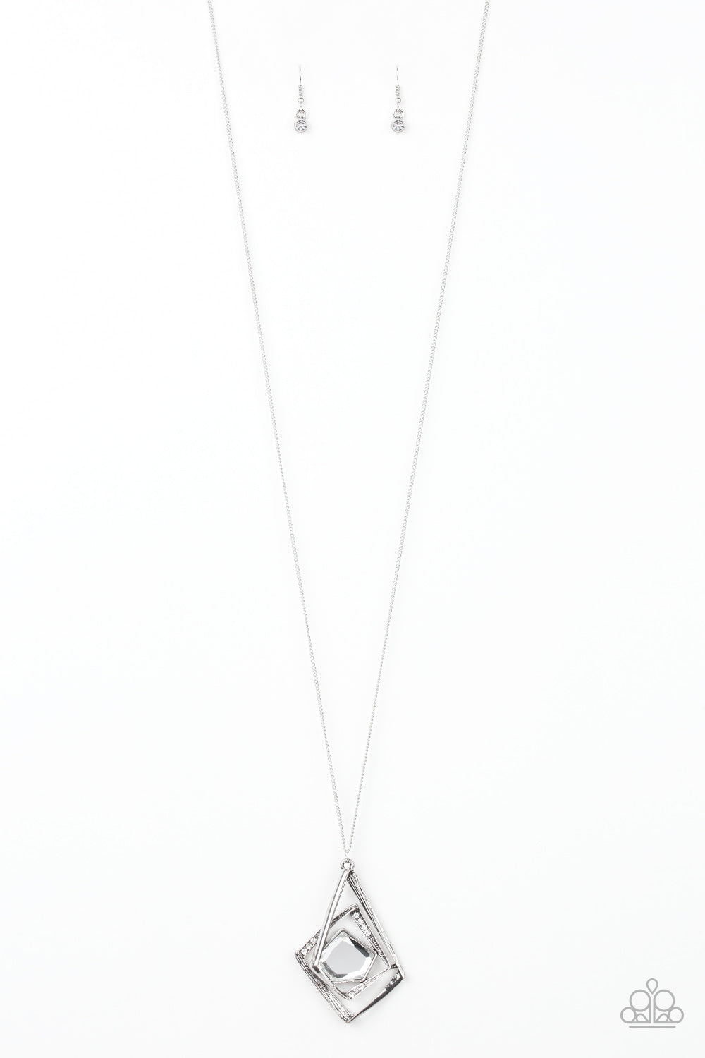 Dotted with glassy white rhinestones, antiqued silver bars twist and coil around a pentagonal white gem. The abstract pendant swings from the bottom of a lengthened silver chain for a modern look. Features an adjustable clasp closure