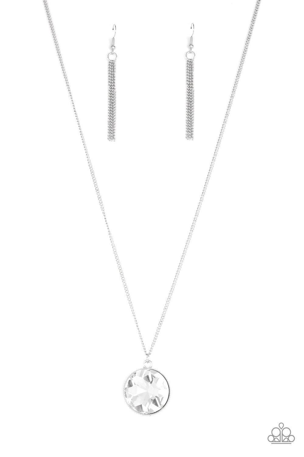 An oversized white gem swings from the bottom of a lengthened silver chain for a dramatic look. Features an adjustable clasp closure