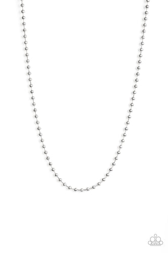 Featuring a high-sheen finish, a classic silver ball chain drapes across the chest for a casual look.