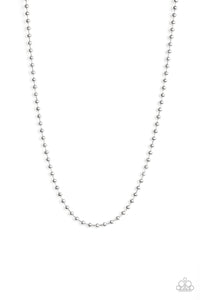 Featuring a high-sheen finish, a classic silver ball chain drapes across the chest for a casual look.