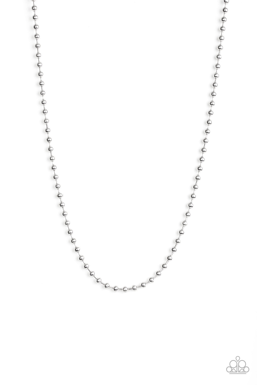 Featuring a high-sheen finish, a classic silver ball chain drapes across the chest for a casual look.