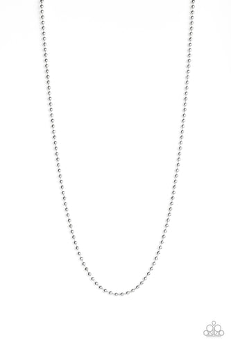 A dainty strand of silver ball chain drapes across the chest for a causal look. Features an adjustable ball chain connector.