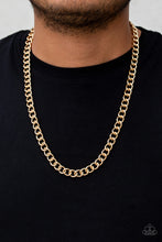 Load image into Gallery viewer, Brushed in a high-sheen finish, a classic gold chain drapes across the chest for a casual look. Features an adjustable clasp closure.
