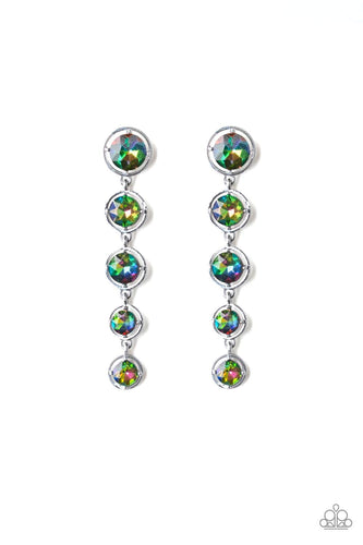 Featuring sleek gunmetal fittings, faceted rainbow gems gradually decrease as they trickle from the ear for a glamorous look. Earring attaches to a standard post fitting.  Sold as one pair of post earrings.