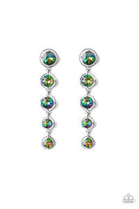 Featuring sleek gunmetal fittings, faceted rainbow gems gradually decrease as they trickle from the ear for a glamorous look. Earring attaches to a standard post fitting.  Sold as one pair of post earrings.