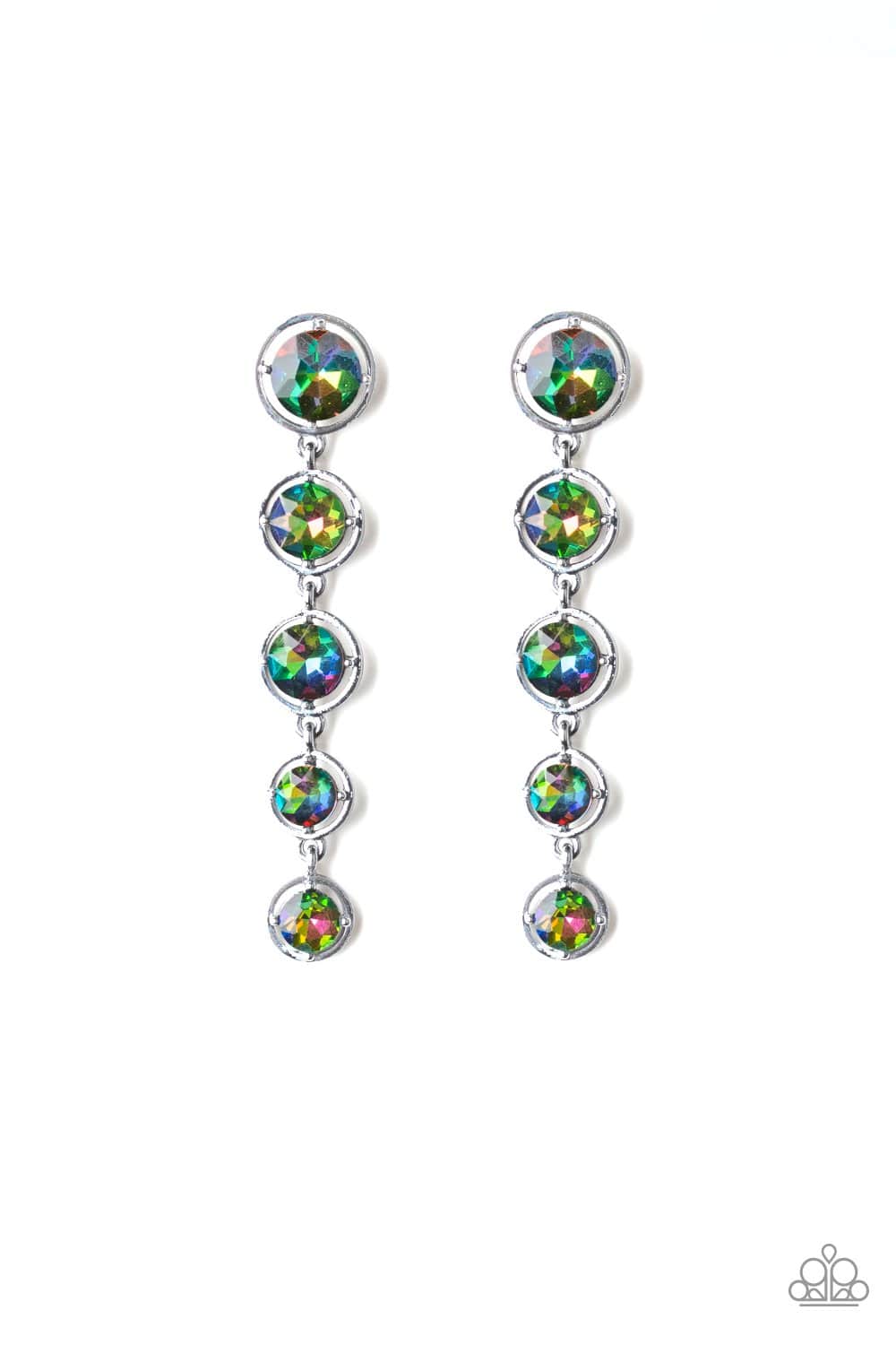 Featuring sleek gunmetal fittings, faceted rainbow gems gradually decrease as they trickle from the ear for a glamorous look. Earring attaches to a standard post fitting.  Sold as one pair of post earrings.