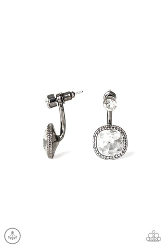 A solitaire white rhinestone attaches to a double-sided post, designed to fasten behind the ear. Featuring a faceted white gem, the glitzy double-sided post peeks out beneath the ear for a refined look. Earring attaches to a standard post fitting