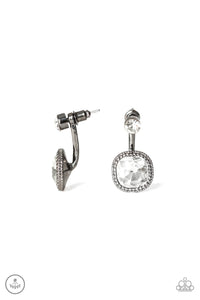 A solitaire white rhinestone attaches to a double-sided post, designed to fasten behind the ear. Featuring a faceted white gem, the glitzy double-sided post peeks out beneath the ear for a refined look. Earring attaches to a standard post fitting