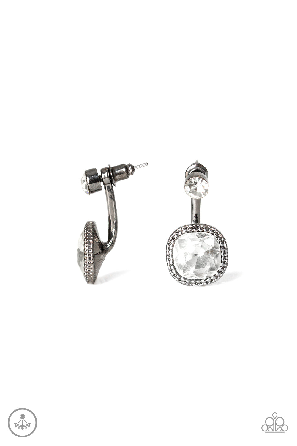 A solitaire white rhinestone attaches to a double-sided post, designed to fasten behind the ear. Featuring a faceted white gem, the glitzy double-sided post peeks out beneath the ear for a refined look. Earring attaches to a standard post fitting