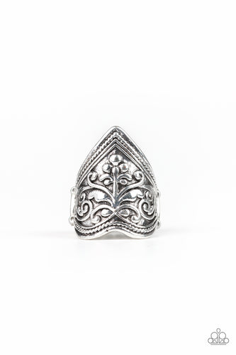 Embossed in vine-like patterns, a triangular silver frame folds around the finger for a bold tribal look. Features a stretchy band for a flexible fit.
