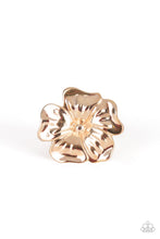 Load image into Gallery viewer, Brushed in a high-sheen shimmer, glistening rose gold petals fold into a tropical inspired flower atop the finger for a seasonal flair. Features a stretchy band for a flexible fit.

