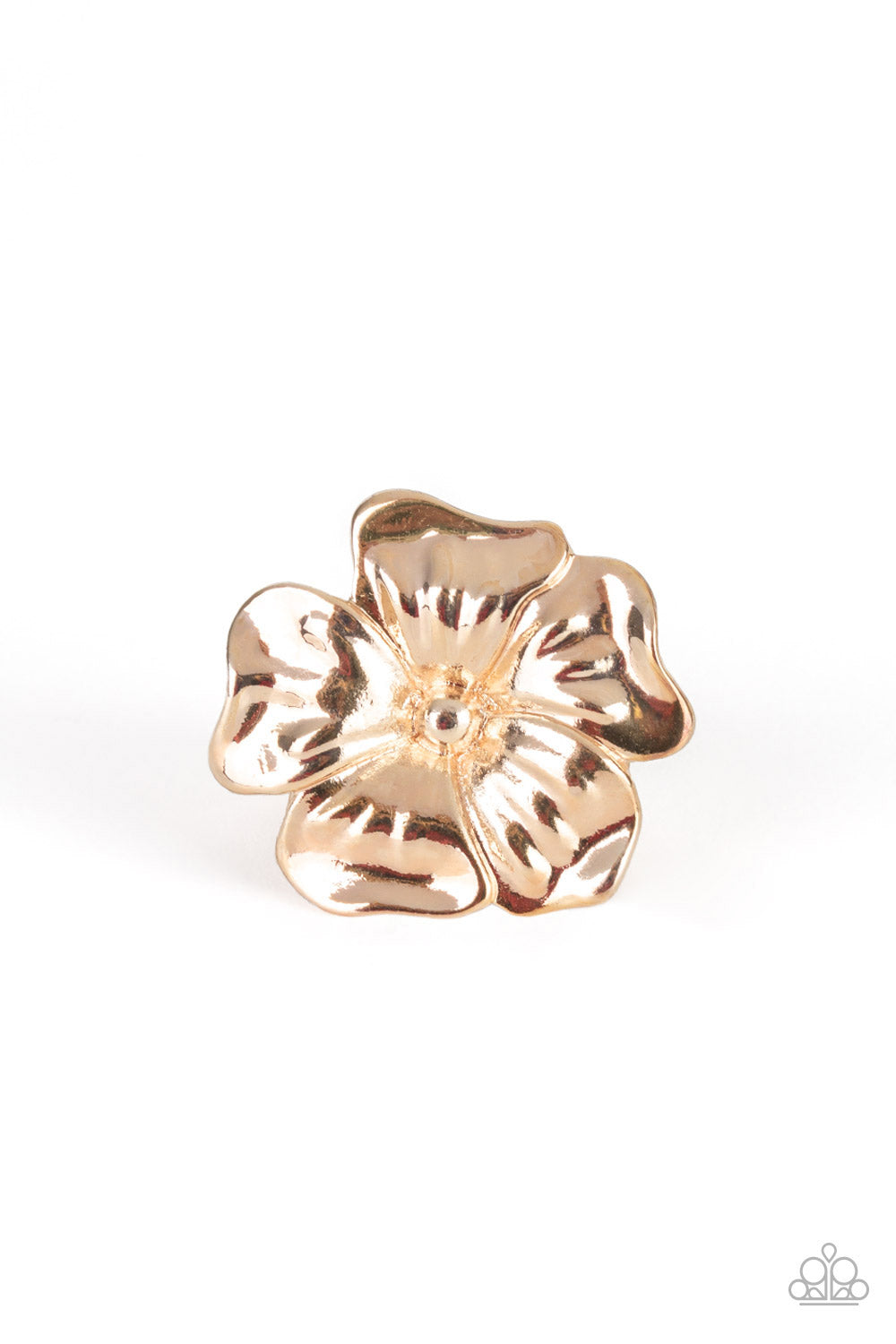 Brushed in a high-sheen shimmer, glistening rose gold petals fold into a tropical inspired flower atop the finger for a seasonal flair. Features a stretchy band for a flexible fit.