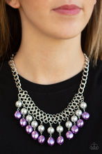 Load image into Gallery viewer, A collection of classic and imperfect silver and purple pearls dangle from a web of interlocking silver links below the collar, adding a modern twist to the timeless palette. Features an adjustable clasp closure.
