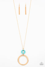 Load image into Gallery viewer, Featuring a delicately hammered finish, an oversized gold hoop links with a refreshing turquoise stone ring at the bottom of a lengthened gold chain for a sophisticated look. Features an adjustable clasp closure.
