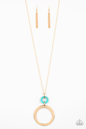 Featuring a delicately hammered finish, an oversized gold hoop links with a refreshing turquoise stone ring at the bottom of a lengthened gold chain for a sophisticated look. Features an adjustable clasp closure.