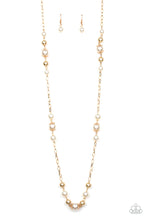 Load image into Gallery viewer, Capped in ornate gold frames, a collection of bubbly white pearls and glistening gold beads trickle along sections of shiny gold chain across the chest for a timeless sophistication. Features an adjustable clasp closure.
