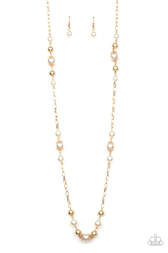 Capped in ornate gold frames, a collection of bubbly white pearls and glistening gold beads trickle along sections of shiny gold chain across the chest for a timeless sophistication. Features an adjustable clasp closure.