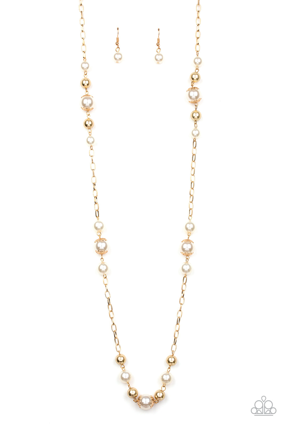 Capped in ornate gold frames, a collection of bubbly white pearls and glistening gold beads trickle along sections of shiny gold chain across the chest for a timeless sophistication. Features an adjustable clasp closure.