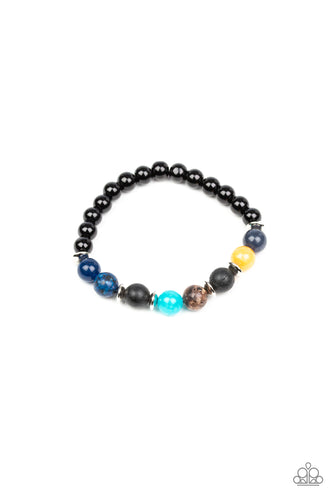 A refreshing compilation of shiny black beads, silver accents, and earthy stone beads are threaded along a stretchy band around the wrist for a seasonal look.