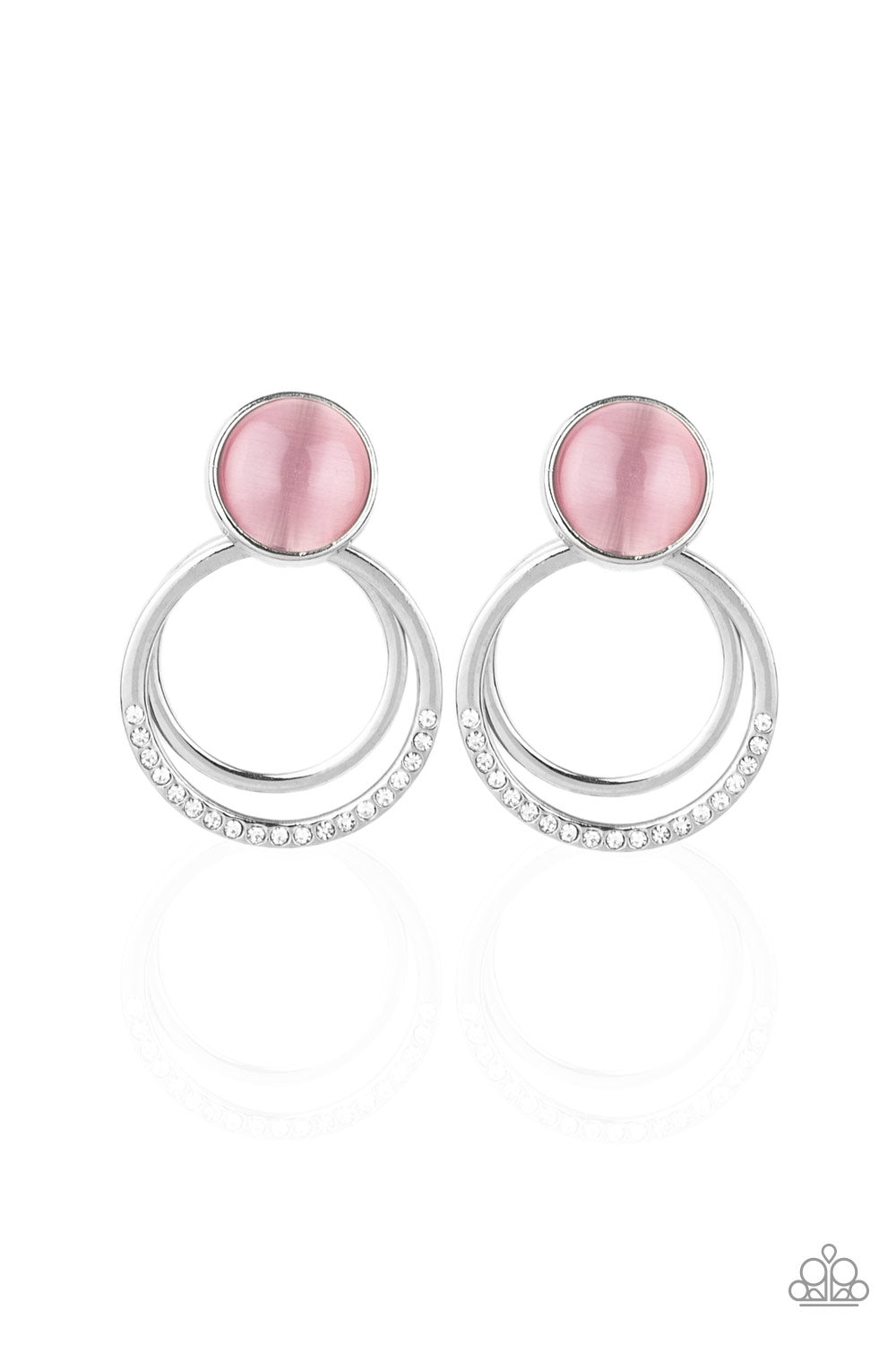 A plain silver hoop and white rhinestone encrusted hoop swing from the bottom of a glowing pink cat's eye stone fitting for a whimsical fashion. Earring attaches to a standard post fitting.