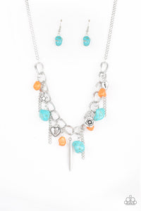 A whimsical array of turquoise and orange rock beads, glistening silver chains, and an assortment of floral and heart charms swing from a double-linked silver chain, creating a flirtatious fringe below the collar. Features an adjustable clasp closure. 