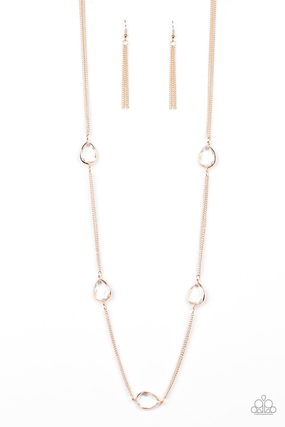 Glassy white teardrops attach to sections of rose gold chain across the chest, creating a refined display. Features an adjustable clasp closure.