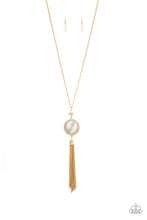 Load image into Gallery viewer, Encased in a frame of dazzling white rhinestones, a glowing white cat&#39;s eye stone pendant swings from the bottom of a sparkling bead. A classic gold tassel swings from the bottom of the colorful pendant for a refined finish. Features an adjustable clasp closure.
