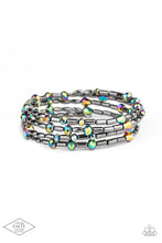 Load image into Gallery viewer, Varying in size and shape, iridescent gems and glistening gunmetal beads are threaded along a coiled wire, creating a regal infinity wrap style bracelet around the wrist. 
