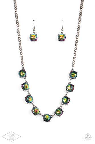 Featuring oil spill centers and sleek gunmetal fittings, a collection of oversized rhinestones link below the collar for an icy look. Features an adjustable clasp closure.