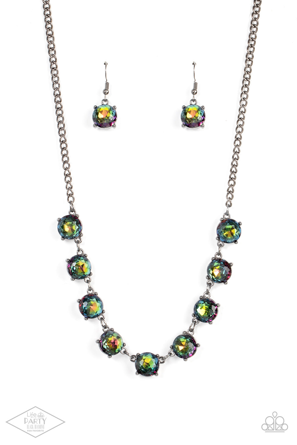 Featuring oil spill centers and sleek gunmetal fittings, a collection of oversized rhinestones link below the collar for an icy look. Features an adjustable clasp closure.