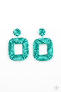 Refreshing rows of dainty turquoise seed beads adorn the front of a rounded square frame at the bottom of a matching beaded fitting, creating a blissfully beaded look. Earring attaches to a standard post fitting.  Sold as one pair of post earrings.