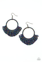 Load image into Gallery viewer, Rings of dainty oil spill seed beads cascade from the bottom of a matching beaded hoop, creating a dramatically colorful fringe. Earring attaches to a standard fishhook fitting.
