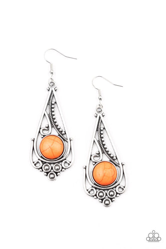 A round orange stone is pressed into the bottom of a decorative silver teardrop featuring studded and filigree textures. Earring attaches to a standard fishhook fitting.  Sold as one pair of earrings.