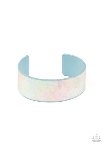 Featuring an iridescently foiled finish, a blue leather band delicately curls into a colorfully retro cuff around the wrist for a stellar fashion.  Sold as one individual bracelet.
