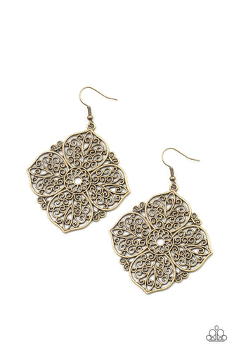 Filled with a frilly scroll, oversized antiqued brass petals bloom into a decorative floral frame for a seasonal shimmer. Earring attaches to a standard fishhook fitting.  Sold as one pair of earrings.