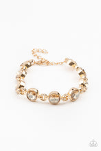 Load image into Gallery viewer, Golden rhinestone encrusted gold frames delicately link around the wrist, creating a timeless centerpiece. Features an adjustable clasp closure.  Sold as one individual bracelet.
