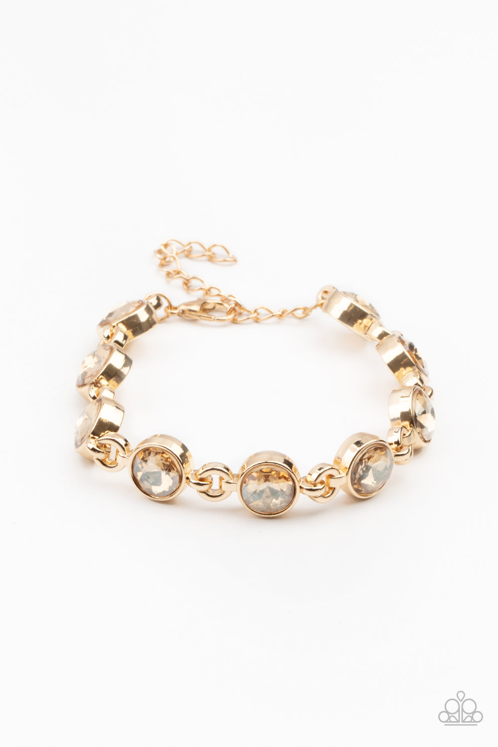 Golden rhinestone encrusted gold frames delicately link around the wrist, creating a timeless centerpiece. Features an adjustable clasp closure.  Sold as one individual bracelet.