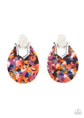 Speckled in a colorful tortoise shell-like pattern, a teardrop acrylic frame fastens to a shiny silver fitting for a trendy retro look. Earring attaches to a standard post fitting.  Sold as one pair of post earrings.
