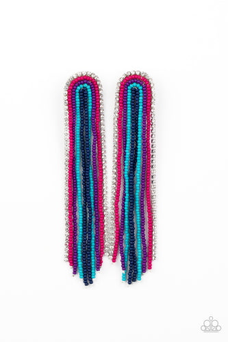 Mismatched strands of blue, Pink Peacock, Magenta Purple, and Blue Depths seed beads, and a glittery strand of white rhinestones delicately curls into a beaded rainbow-like tassel. Earring attaches to a standard post fitting.