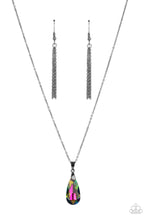 Load image into Gallery viewer, A glittery oil spill teardrop gem swings from the bottom of a glistening gunmetal chain, creating a stellar pendant below the collar. Features an adjustable clasp closure.
