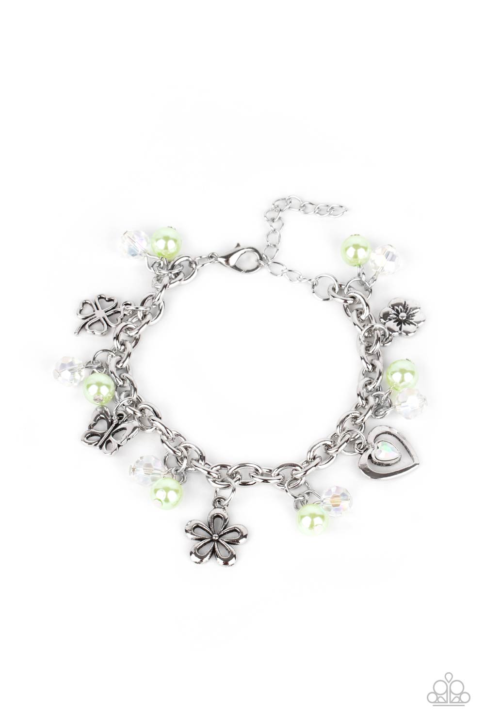 Infused with Green Ash pearls and iridescent crystal-like beads, mismatched silver charms, including a clover, butterfly, heart, and floral frames, swing from a chunky silver chain around the wrist. Features an adjustable clasp closure.  Sold as one individual bracelet.